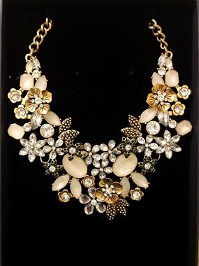 Gold Statement Necklace With Green Floral Accents - Custom Made